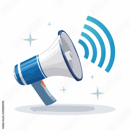 A blue and white megaphone broadcasting signal waves emits sound loudly.