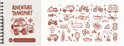 Canvastavla Large collection of hand-drawn adventure transport and camping icons including vehicles, boats, bikes, and outdoor gear in a brown doodle style vector format