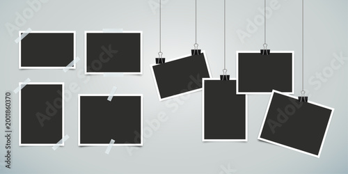 Vintage Photo Frame Set with Hanging and Taped Blank Pictures, Empty Retro Photo Mockup Collection for Scrapbook, Memory Collage and Gallery Display Vector Illustration