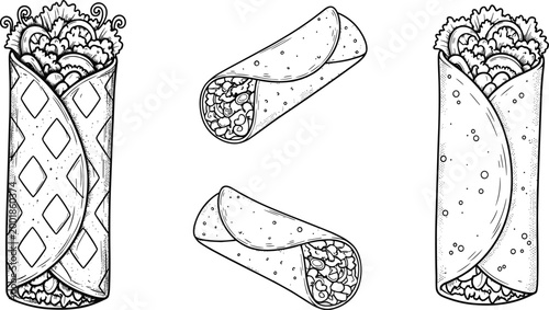 Vintage Hand Drawn Burrito and Shawarma Illustration Set Featuring Tortilla Wraps with Meat and Vegetables for Mexican Restaurant Menus and Street Food Branding