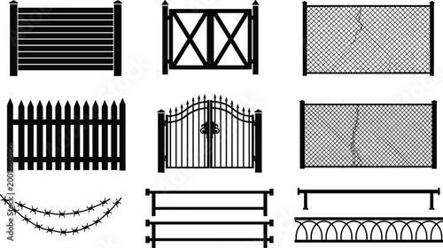 Comprehensive Fence and Gate Silhouette Collection Featuring Picket Fencing, Chain Link Barriers, Barbed Wire, and Ornamental Metal Gate Designs
