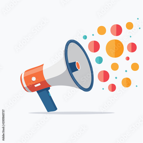 A colorful megaphone emits vibrant circles in a lively scene indoors.