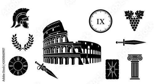 Tableau sur toile Ancient Roman Colosseum with Historical Symbols and Artifacts.