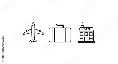 Airplane luggage and hotel icons representing travel and accommodation.
