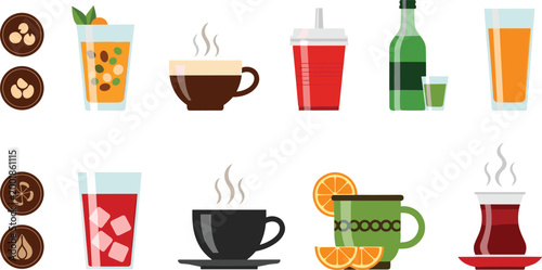 Hot and Cold Beverage Set with Coffee Tea Juice Soda and Herbal Drinks in Flat Style for Cafe Menu, Restaurant Design, and Refreshment Illustration