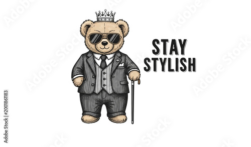 Cool Teddy Bear Character Wearing Stylish Blazer with Stay Stylish Text Cute Fashion T Shirt Vector Artwork