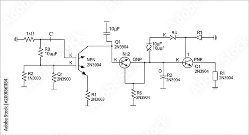 A detailed black and white electronic circuit schematic diagram with various components like transistors and resistors.