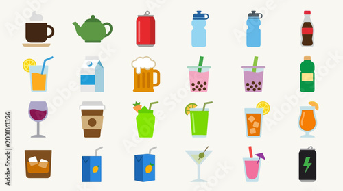 Colorful icons of various drinks and beverages.