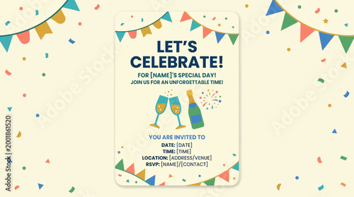 Colorful celebration invitation card with champagne.