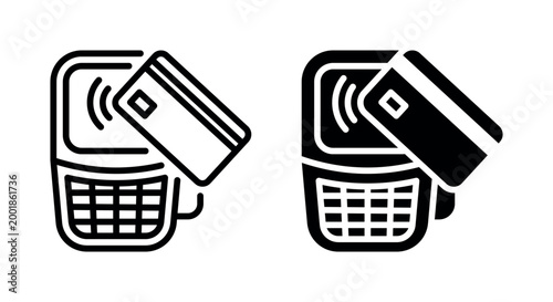 Contactless payment icon set with POS terminal and credit card in outline and solid style