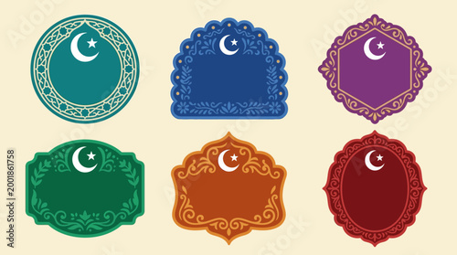 Islamic crescent moon decorative shapes icons.