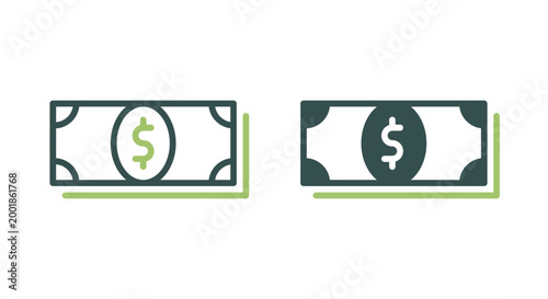 Dollar banknote stack icon set with green accents in outline and solid style for finance