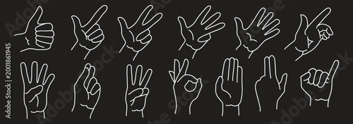 Hand gesture icons set, finger signs symbols with pointing thumbs peace victory ok handshake heart communication outline vector illustration isolated on transparent background