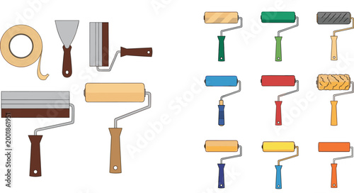 Painting Tools Collection with Rollers, Putty Knife, Tape, and Wall Painting Equipment for Home Renovation, DIY, and Construction Illustration