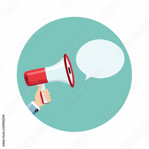 A hand holding a megaphone speaks through a speech bubble.