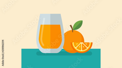 Fresh orange juice and fruit illustration.