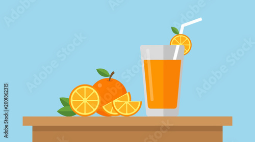Fresh orange juice with fruit on table.