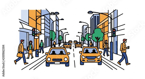Принти на полотні Urban Street Scene with Pedestrians and Vehicles.