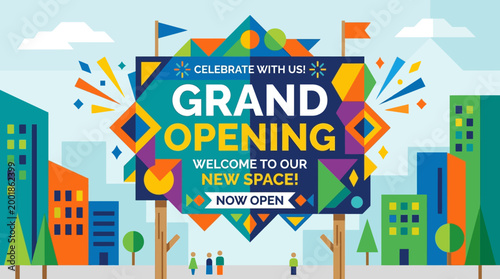 Grand opening celebration with colorful decorations.