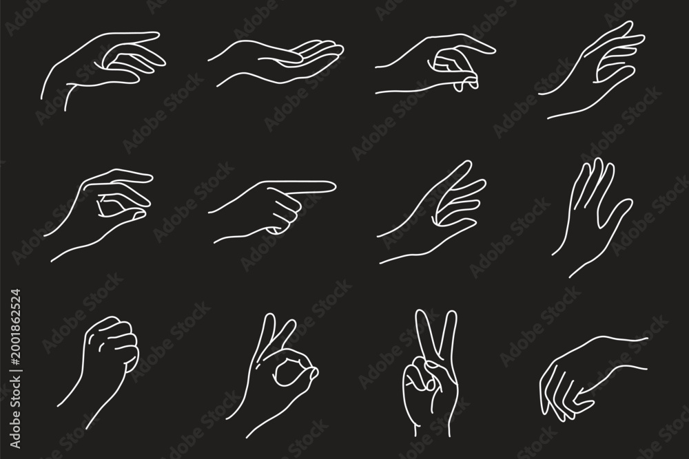 Fototapeta premium Hand thin line icons set. Hands, gesture icon. Editable stroke. Vector icon