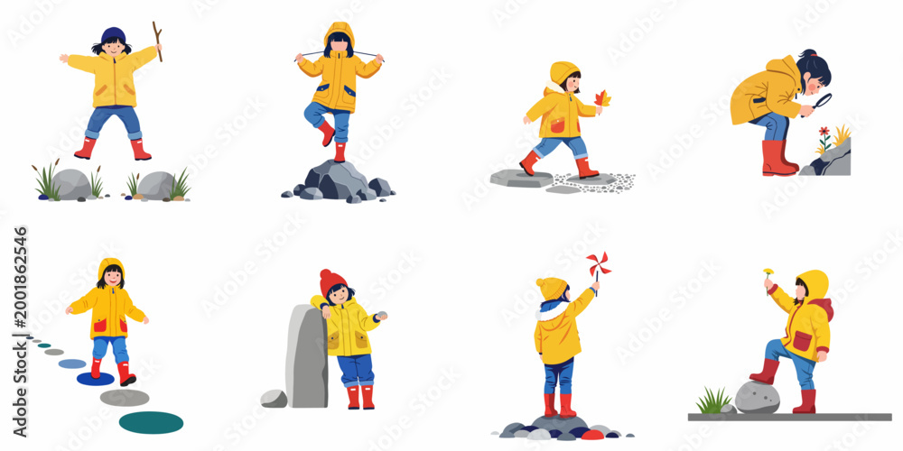 Fototapeta premium Vector illustration set of a young girl in a yellow raincoat exploring nature, jumping on rocks, and playing outdoors in various poses.