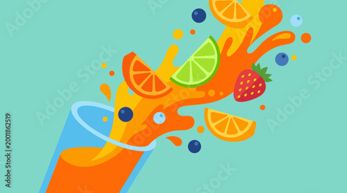 Fresh fruit juice splash with vibrant colors.