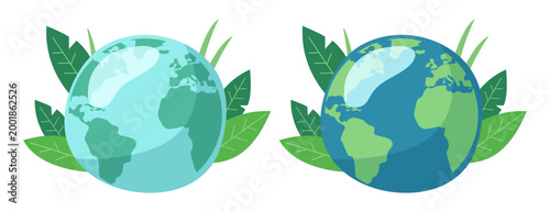 Ecology. Globe icon and green leaves. Vector cartoon illustration.