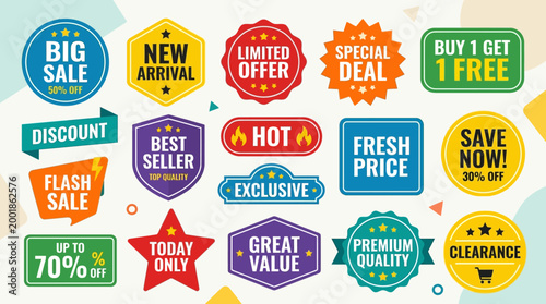 Collection of colorful sale and discount stickers.