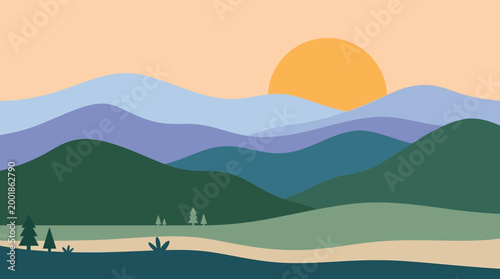 Sunset over rolling hills and mountains.