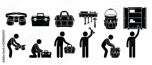 Toolbox and Construction Worker Icons Set, Professional Maintenance Equipment Gear for Repair, Mechanic Service Silhouettes and Industrial Manual Labor Symbols for Hardware Industry Design, Flat Vecto