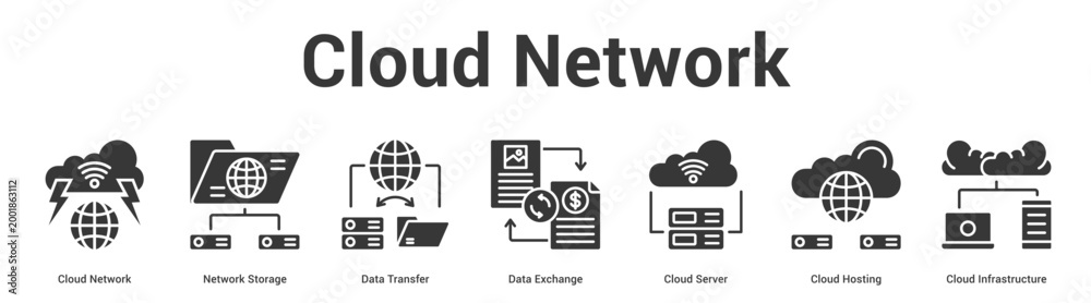 Fototapeta premium Cloud Network web banner icon set vector illustration concept for business with icon of Cloud Network, Network Storage, Data Transfer, Data Exchange, Cloud Server, Cloud Hosti.