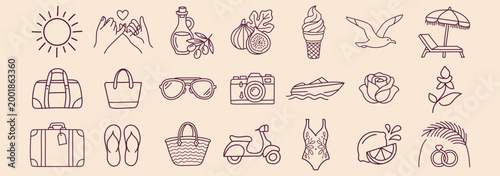 set of Summer beach icon element set. Hand drawn doodle sketch with sun, sea, travel vacation holiday trip. Cute beach icon elements with sunglasses umbrella palm camera suitcase. Vector illustration