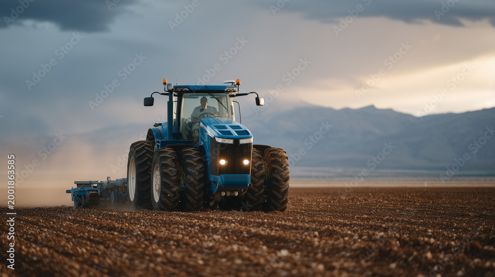 Fototapeta premium No-till farming tractor pulling a precision seed drill across a vast stubble field, an elderly male operator visible through the cab window, parched soil crust intact beneath the surface, dramatic s