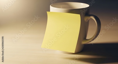 White coffee mug with a yellow sticky note attached against neutral background