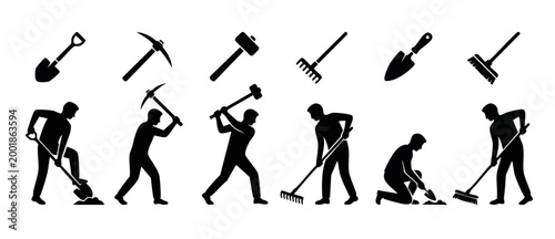 Manual Labor Work Silhouettes Set, People Using Garden Tools Collection, Construction Workers Digging and Sweeping Icons for Infographics, Building Maintenance and Gardening Activity Vector Illustrati