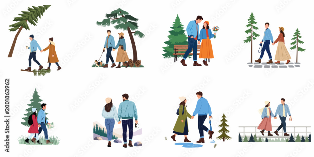 Fototapeta premium Collection of flat vector illustrations featuring romantic couples holding hands and walking together in various scenic outdoor settings during autumn or winter.