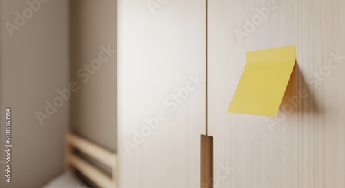 Yellow sticky note on a light colored wooden surface