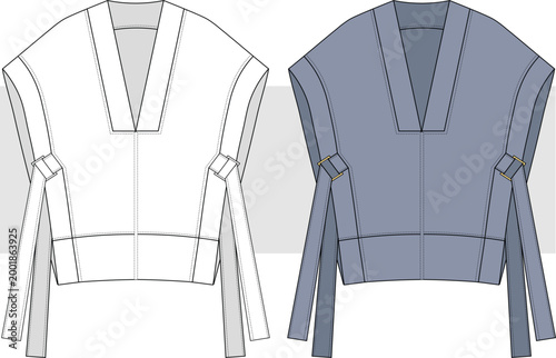 Women's V-neck loose fitted poncho with tie sides drawing, illustration. Oversize poncho, sweatshirt flat sketch, vector. Front and back view. Cad, Mockup.
