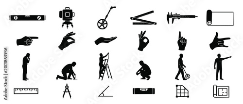 Construction Engineering Survey Icon Set - Builder Measurement Tools and Professional Hand Gestures for Blueprint Planning, Technical Architecture, Site Analysis, and Industrial Drafting Graphic Eleme