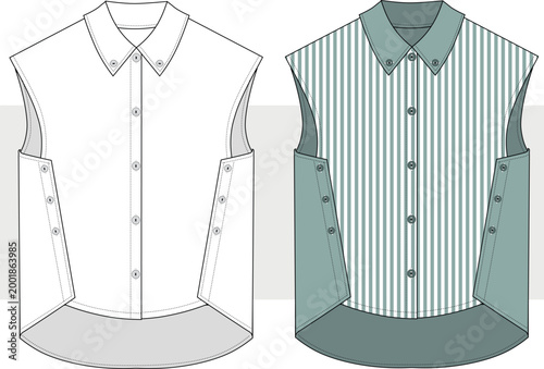 Unisex sleeveless shirt with buttons on the sides fashion technical drawing, illustration. Striped Shirt Vector. Cad, Mockup.