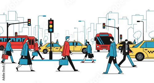 Принти на полотні Urban Crosswalk Pedestrians and Vehicles in City Scene.