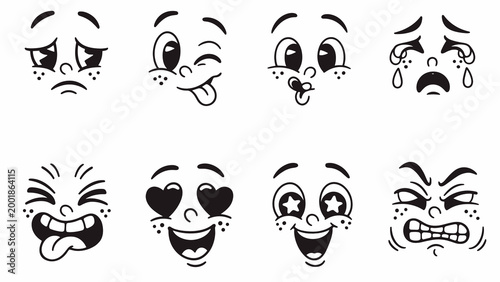 Collection of cartoon faces including heart eyes, star eyes, freckles, crying, tongue-out, and angry expressions on white background. Cute and expressive doodle grid layout.