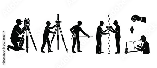 Land Surveyor Professional Tools Icons Set, Construction Engineering Measurement Icons, Silhouette Workers Using Theodolite, Leveling Rod, Plumb Bob, Tape Measure and Field Note Book for Site Plan Sur