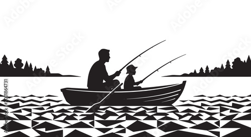 Father and son fishing in boat on lake, enjoying outdoor activity and bonding time, peaceful recreation.