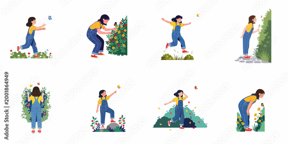 Fototapeta premium Set of illustrations depicting a young girl in denim overalls exploring nature, chasing butterflies, smelling flowers, and playing in various garden scenes.