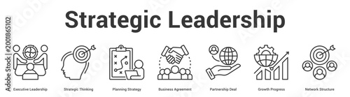 Strategic Leadership web banner icon set vector illustration concept for business with icon of Executive Leadership, Strategic Thinking, Planning Strategy, Business Agreement, Partnership Deal, Gro.