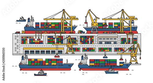 Cargo Ships Docked at Port with Cranes and Containers.