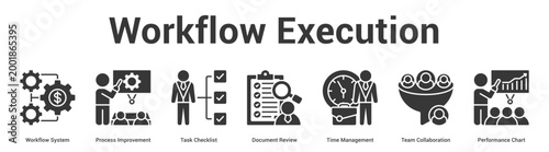 Workflow Execution web banner icon set vector illustration concept for business with icon of Workflow System, Process Improvement, Task Checklist, Document Review, Time Management, Team Collaborati.