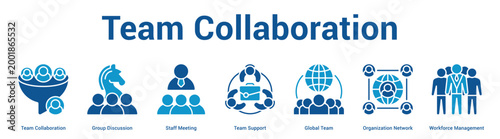 Team Collaboration web banner icon set vector illustration concept for business with icon of Team Collaboration, Group Discussion, Staff Meeting, Team Support, Global Team, Organization Netwo.