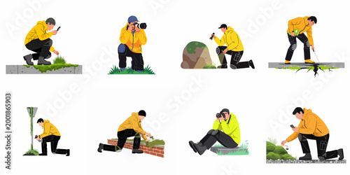 Set of Illustrations Featuring a Researcher in a Yellow Jacket Examining Nature, Taking Photos, and Conducting Scientific Field Work in Urban Environments.